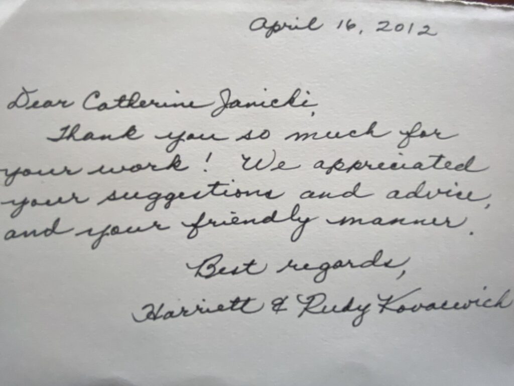 Handwritten thank-you note in cursive.